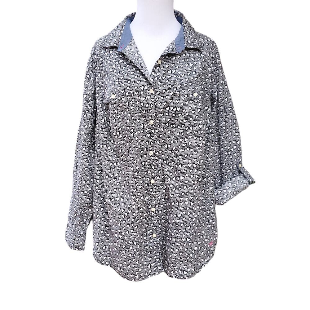Talbots Button Down Blouse Top Black White Heart Print Roll Tab Sleeve Sz 18W